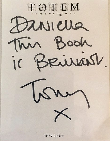 Tony Scott handwritten note to his personal photographer Daniela Scaramuzza e